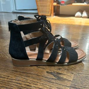 Black Genuine Suede Lace-up Wedge Sandals - size 7.5
